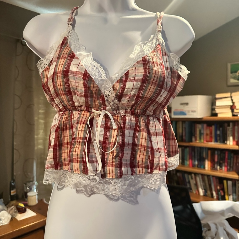 Women’s American Eagle Plaid Lace Trim Cami Top